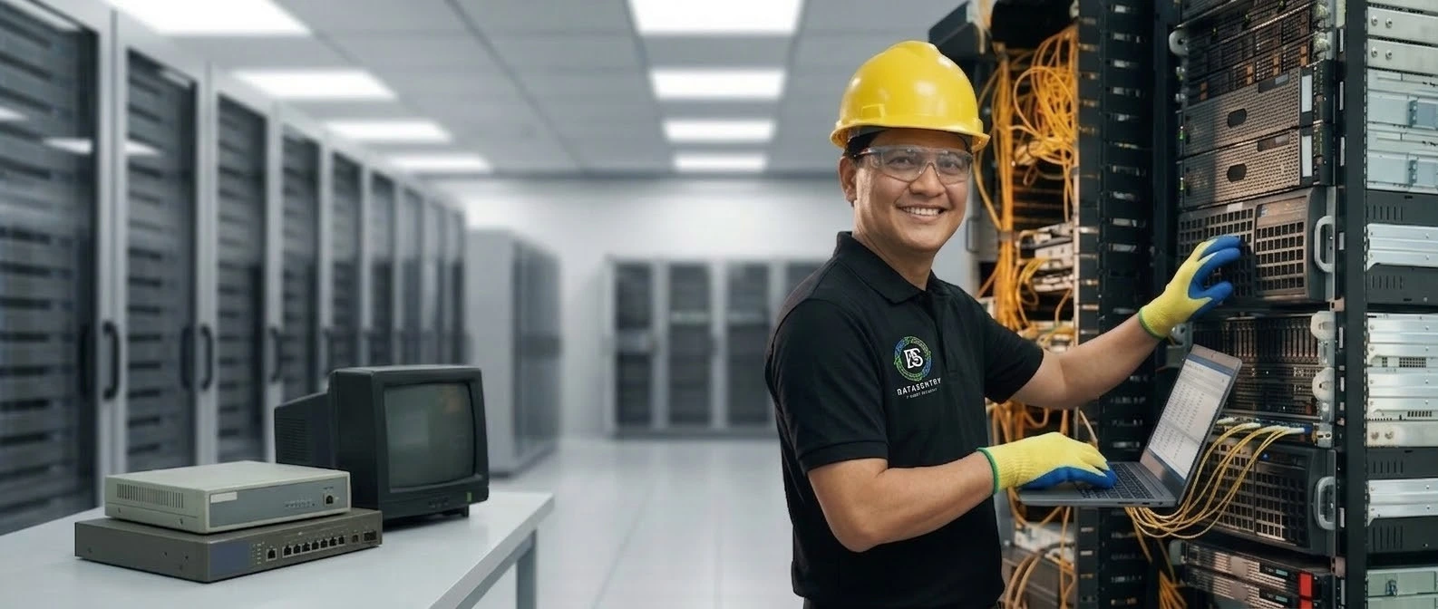 A Data Sentry technician securely packing up old telecom and PABX system scrap, including office desk phones and control units, for recycling in Dubai